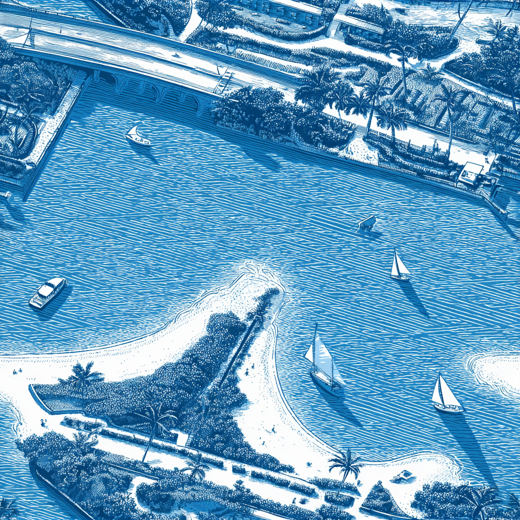 Blue and white blueprint wallpaper depicting a coastal scene with a bridge and sailboats.