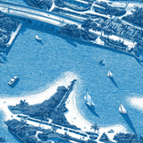 Blue and white blueprint wallpaper depicting a coastal scene with a bridge and sailboats.