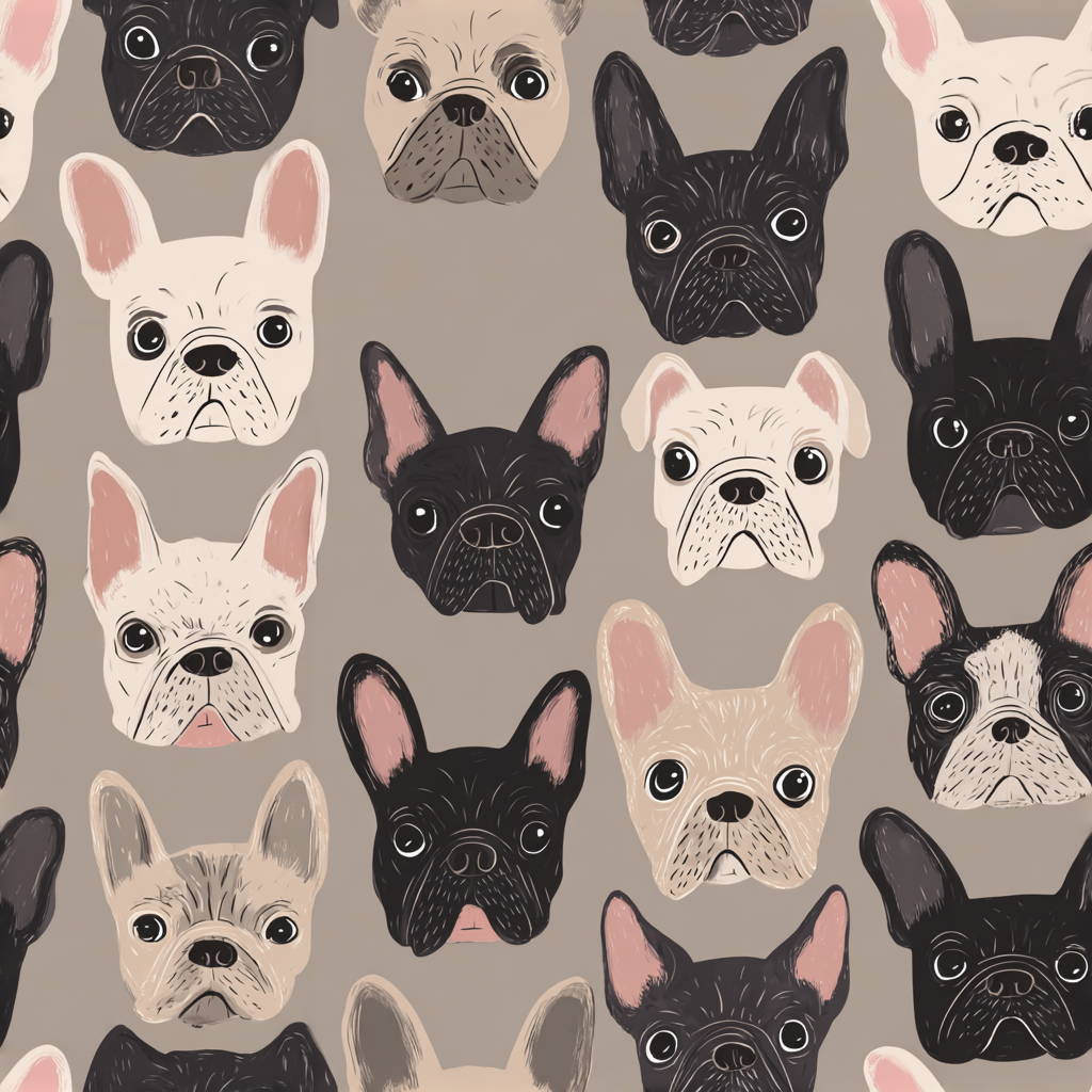 Patterned wallpaper by Lunette & Co. featuring a repeating design of French Bulldog faces.