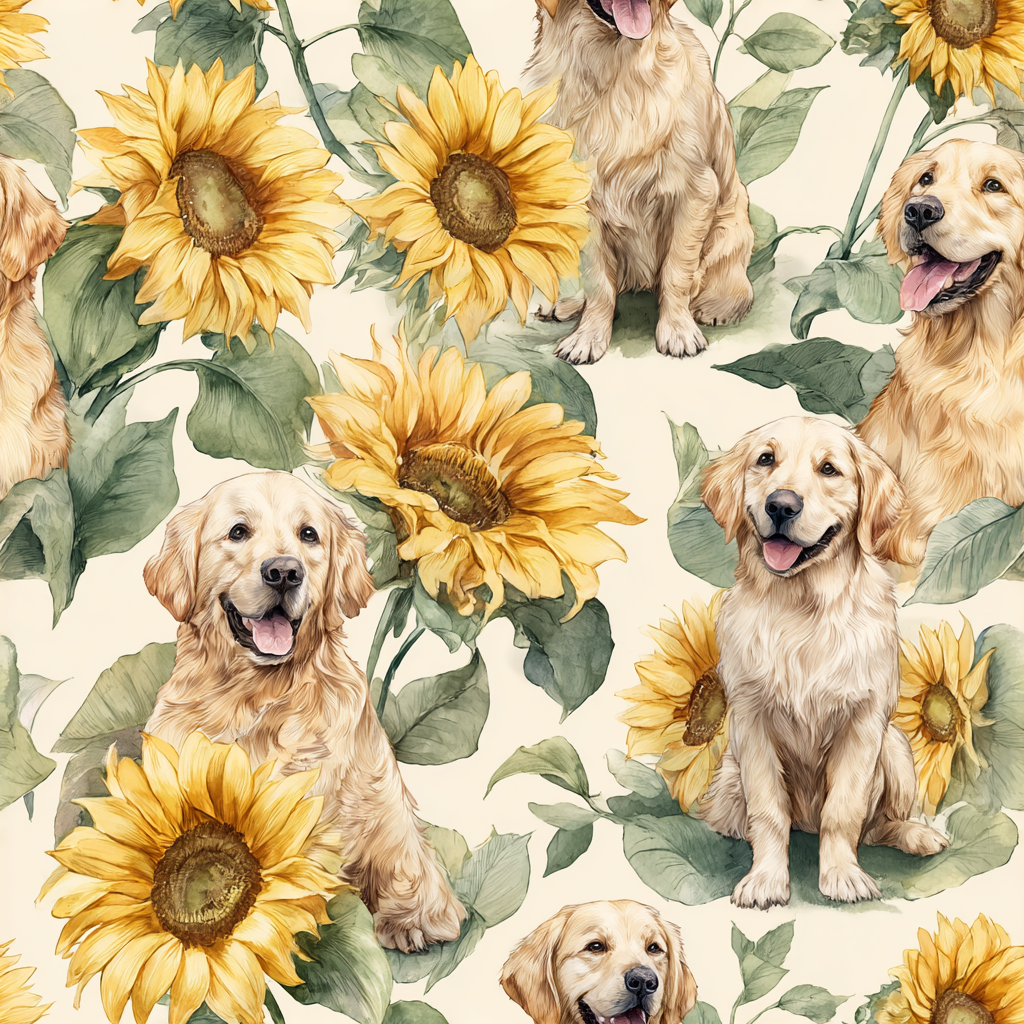 Patterned wallpaper with golden retrievers and sunflowers.