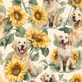 Patterned wallpaper with golden retrievers and sunflowers.