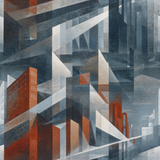 Geometric architectural wallpaper with gray and rust color scheme, featuring an abstract cityscape.