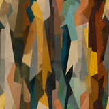 Abstract geometric wallpaper in shades of brown, blue, yellow, and gray.