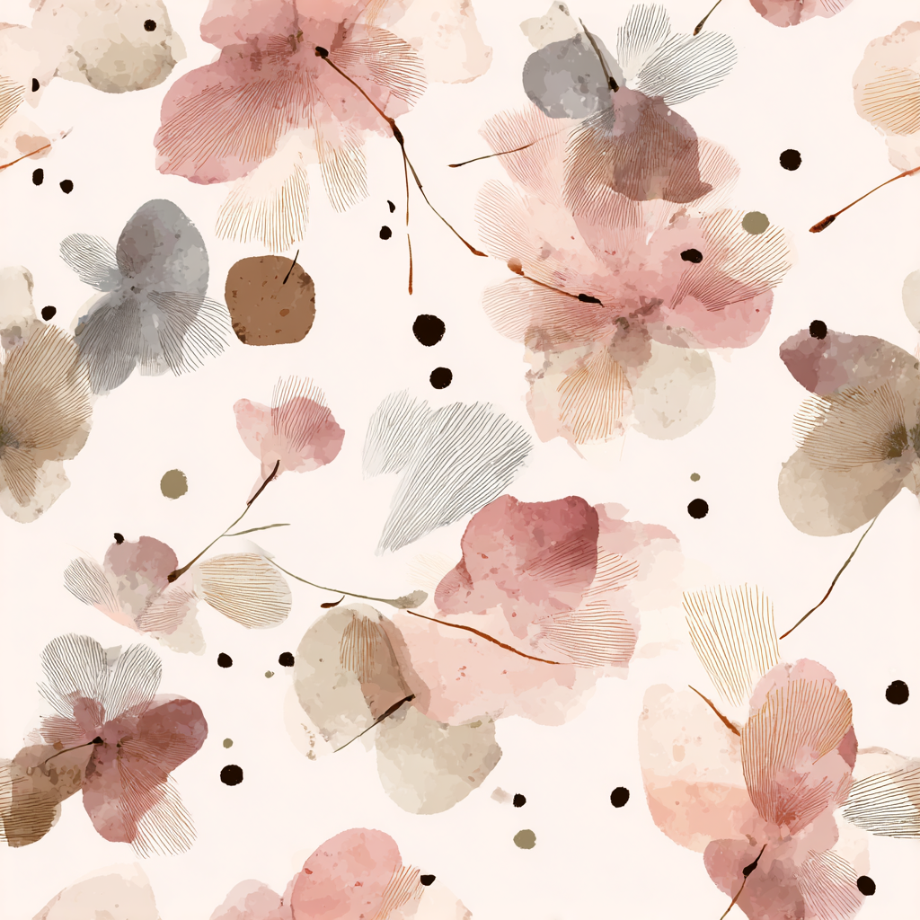 Floral Mira Drift Wallpaper with abstract watercolor flowers and dark polka dots.