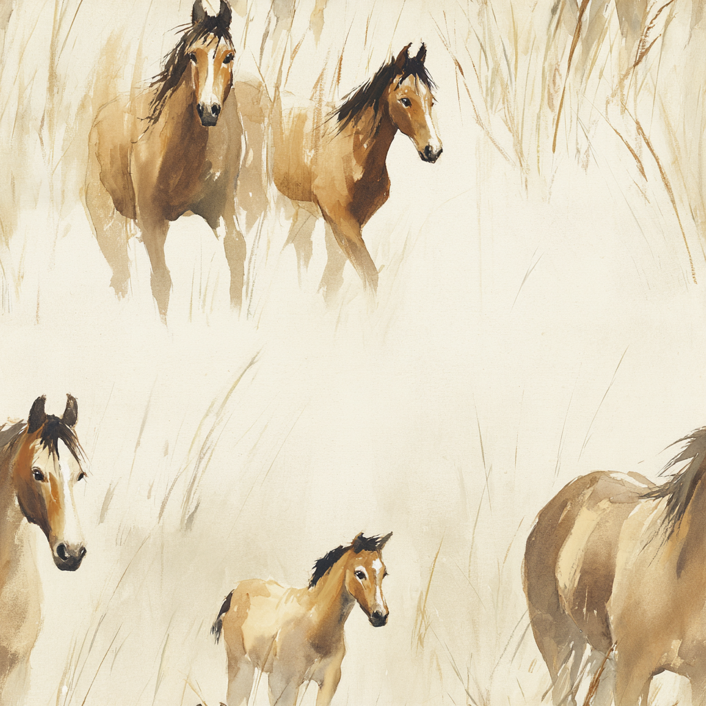 Neutral wallpaper with horses print featuring watercolor-style horses in a tall grass design.