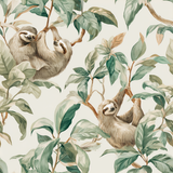 Patterned wallpaper with sloths by Sandberg, featuring foliage, watercolor style, and a beige background.
