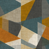 Geometric block wallpaper with linen texture, in teal, yellow, and neutral tones.