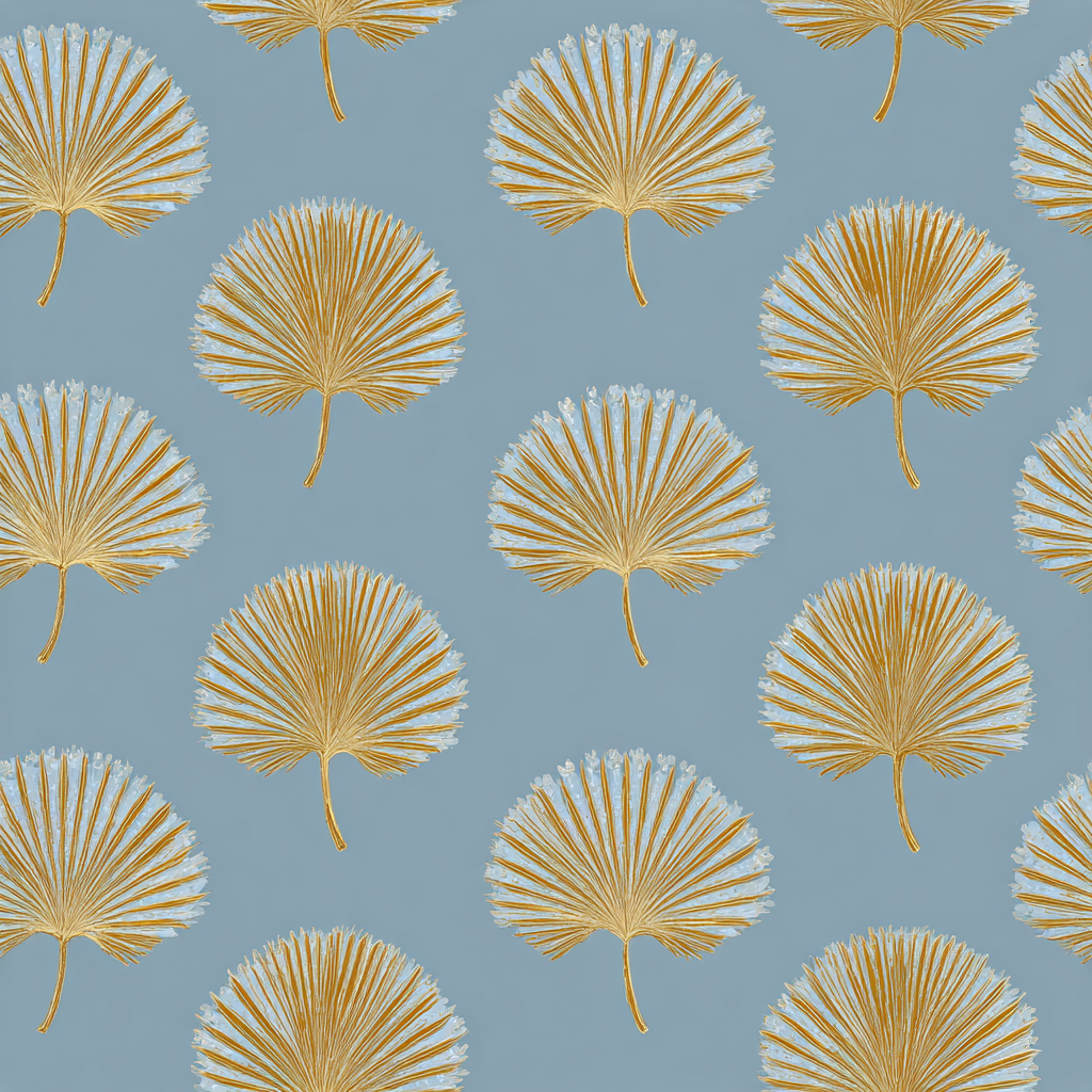 Blue wallpaper with gold fan pattern, featuring a tropical palm design.