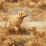 Gilded quarry wallpaper with golden retriever dogs by Brewster Home Fashions, in a field of tall wheat grass.
