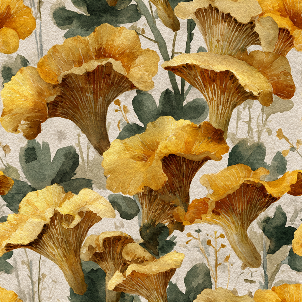 Chanterelle mushroom wallpaper with yellow and brown watercolor pattern.