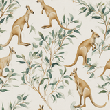 Maranoa Leap wallpaper featuring kangaroo and eucalyptus pattern on a textured background.