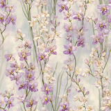 Floral wallpaper with purple and white orchids on stems, seamless repeat pattern.