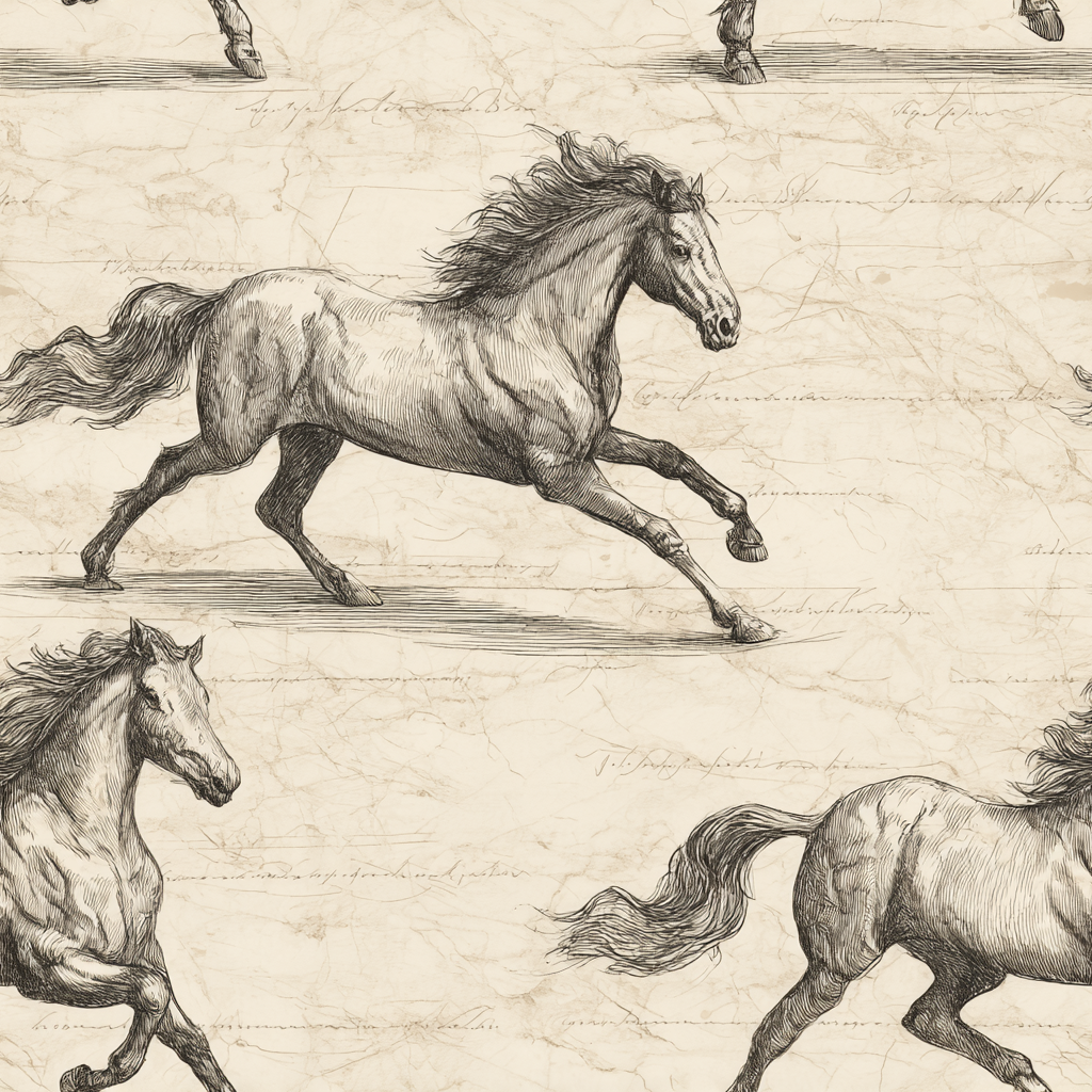 Vintage-style wallpaper featuring running horses on a textured, handwritten script background.
