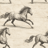 Vintage-style wallpaper featuring running horses on a textured, handwritten script background.
