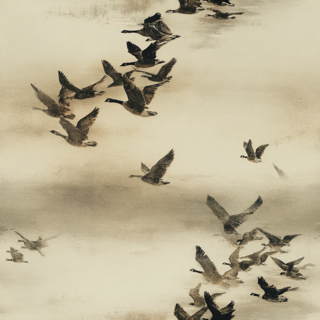 Goose and haze wallpaper with a flock of geese against a neutral backdrop.
