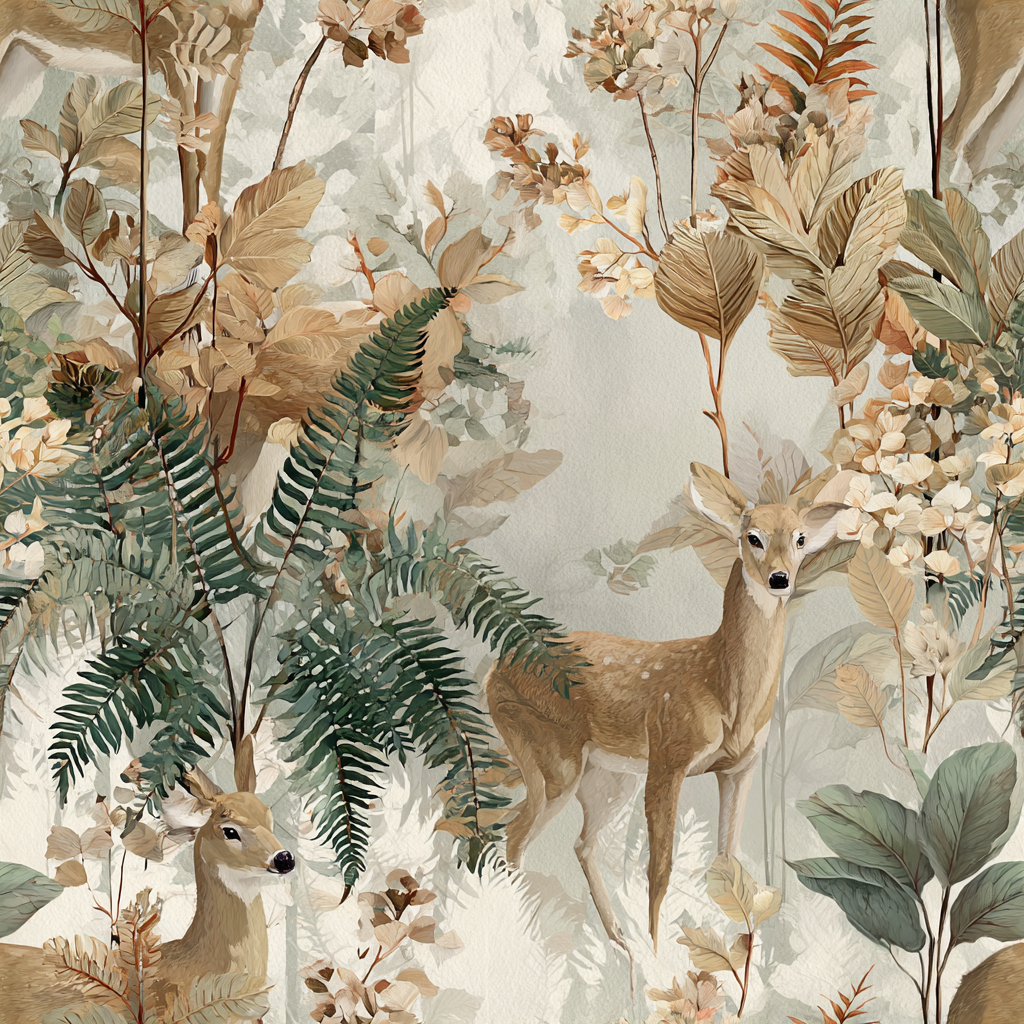 Forest Fawns Wallpaper with a watercolor effect, featuring ferns and deer in muted natural tones.
