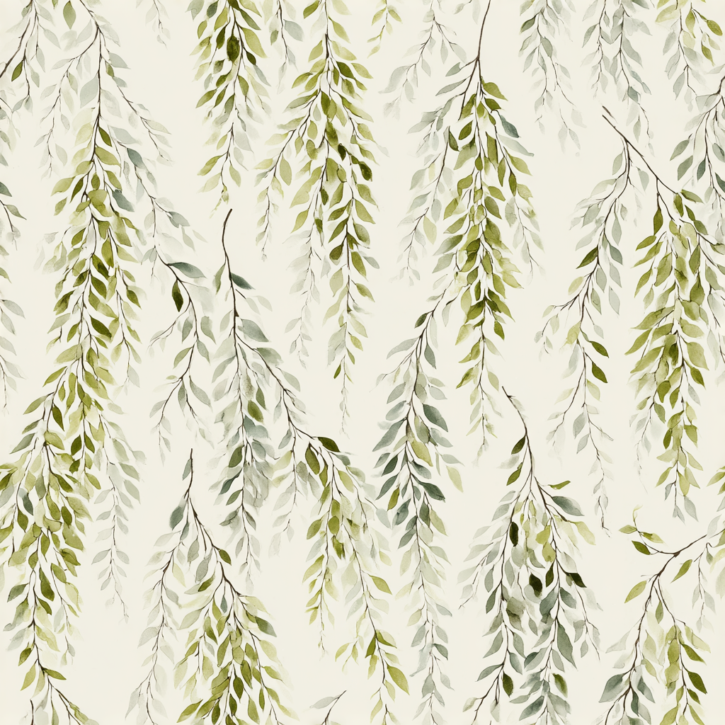 Weeping Grove Wallpaper with delicate foliage by York Wallcoverings featuring a green, patterned design.
