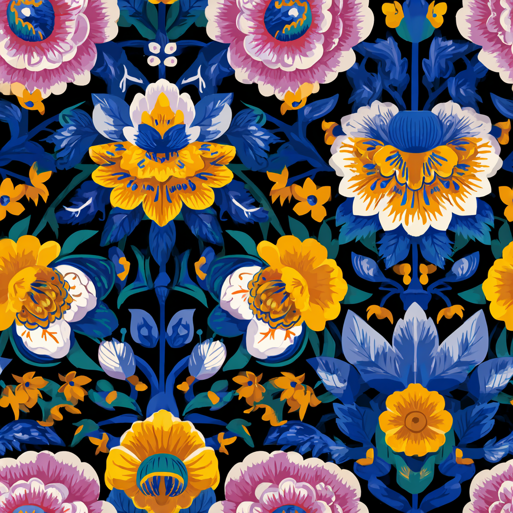 Floral gallery allegory wallpaper with pink, yellow, and blue flower motifs.