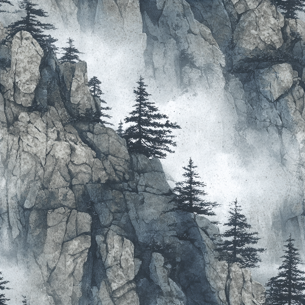 Granite Hollow Wallpaper with mountain scene in grayscale.