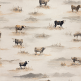 Open Range Quiet wallpaper with cows motif by York Wallcoverings, in a pastoral scene.