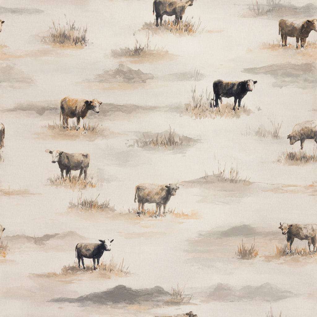 Open Range Quiet wallpaper with cows motif by York Wallcoverings, in a pastoral scene.