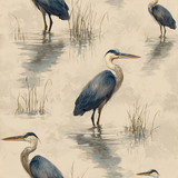 Blue heron pattern wallpaper with watery reflections.
