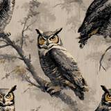 Patterned wallpaper with great horned owls by Ashwood, displayed on a muted background with trees.