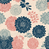 Floral wallpaper with dahlia pattern, in shades of blue and pink, on a beige textured background.