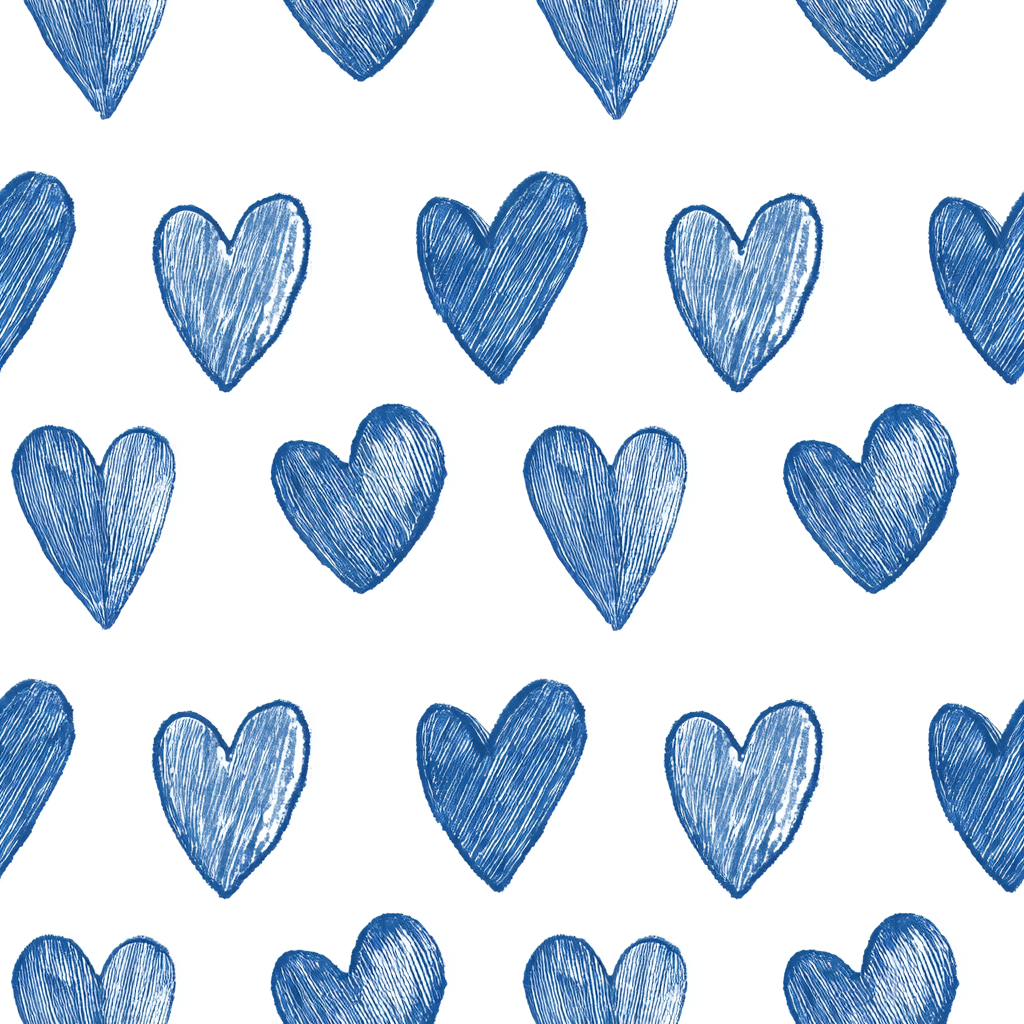 Blue wallpaper in a heart pattern on white backdrop.