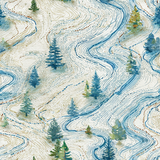 Powder map wallpaper with a watercolor topographic design, including winding blue rivers and scattered evergreen trees.