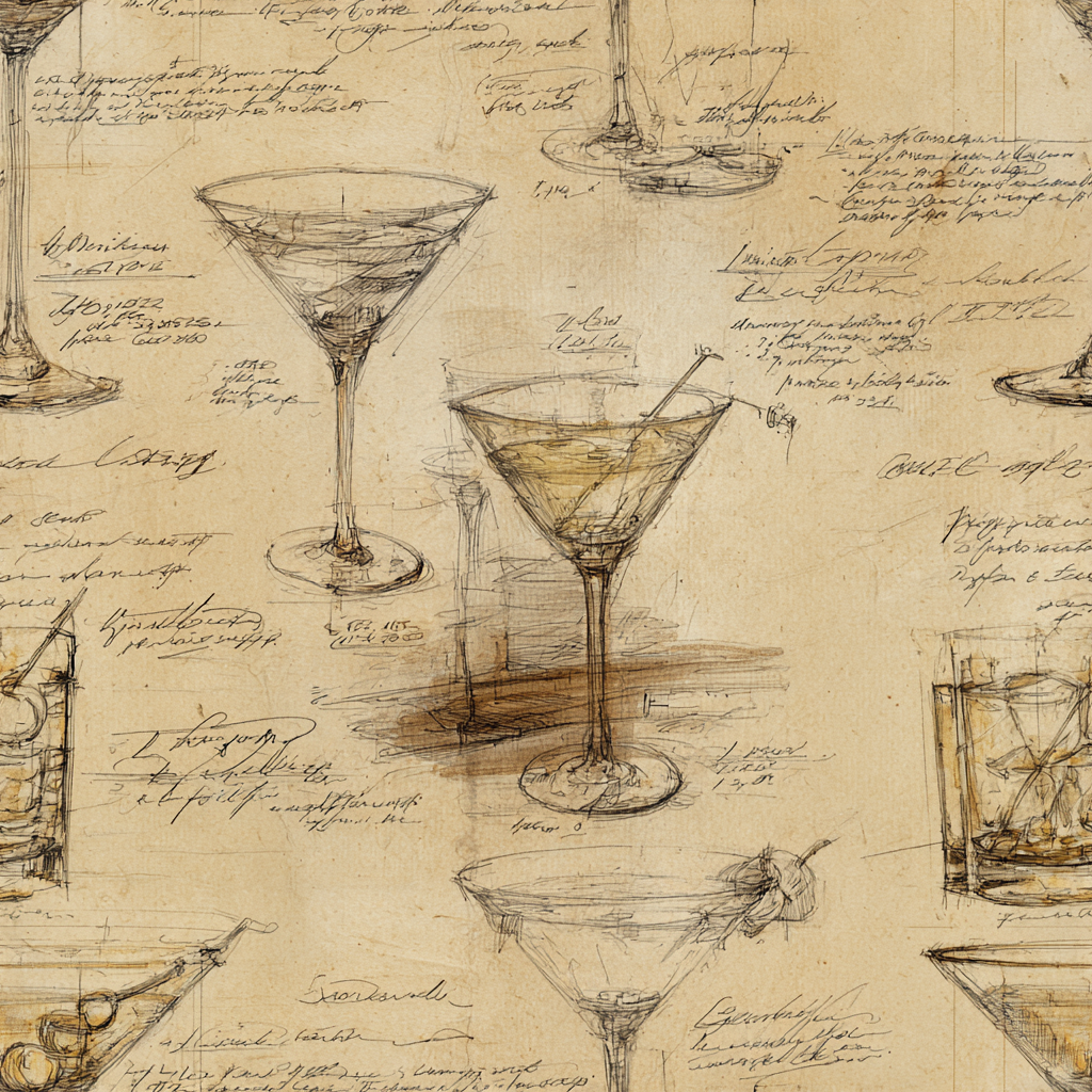 Beige bar wallpaper with sketch style illustrations of cocktails and handwritten notes.