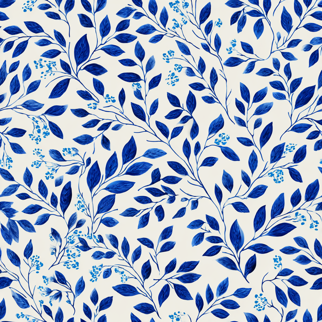 Floral meadowvine wallpaper with blue leaves and berries, intricate repeating pattern.