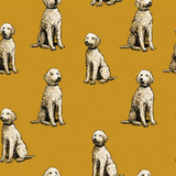 Sunroom Sitters wallpaper with a doodle dog pattern on a golden background.
