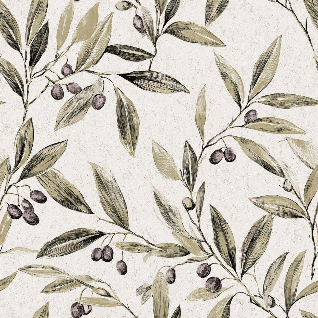 Olive-toned wallpaper with olive branches by Provençal, showing a decorative botanical pattern on a textured background.
