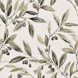 Olive-toned wallpaper with olive branches by Provençal, showing a decorative botanical pattern on a textured background.
