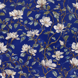 Floral wallpaper featuring white magnolia blooms and green leaves on a dark blue background.

