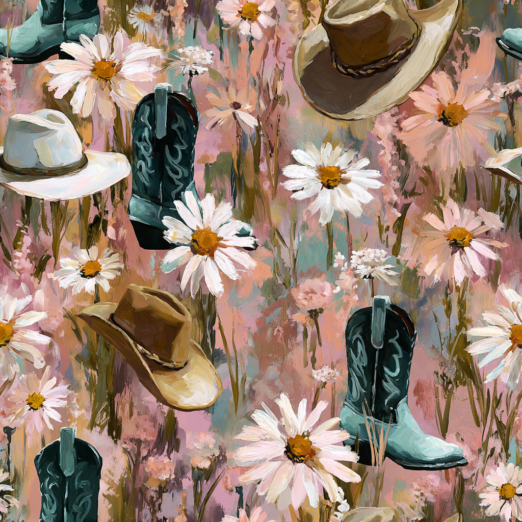 Wildflower Rodeo Wallpaper with cowboy boot and hat pattern on a textured, pink and beige background.
