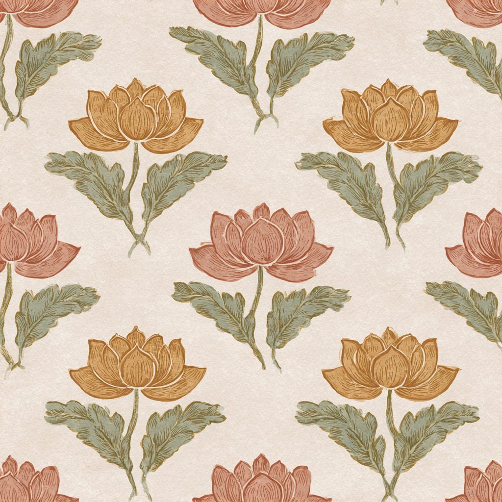 Floral lotus wallpaper with muted colors, arranged in a seamless repeat pattern.