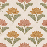 Floral lotus wallpaper with muted colors, arranged in a seamless repeat pattern.
