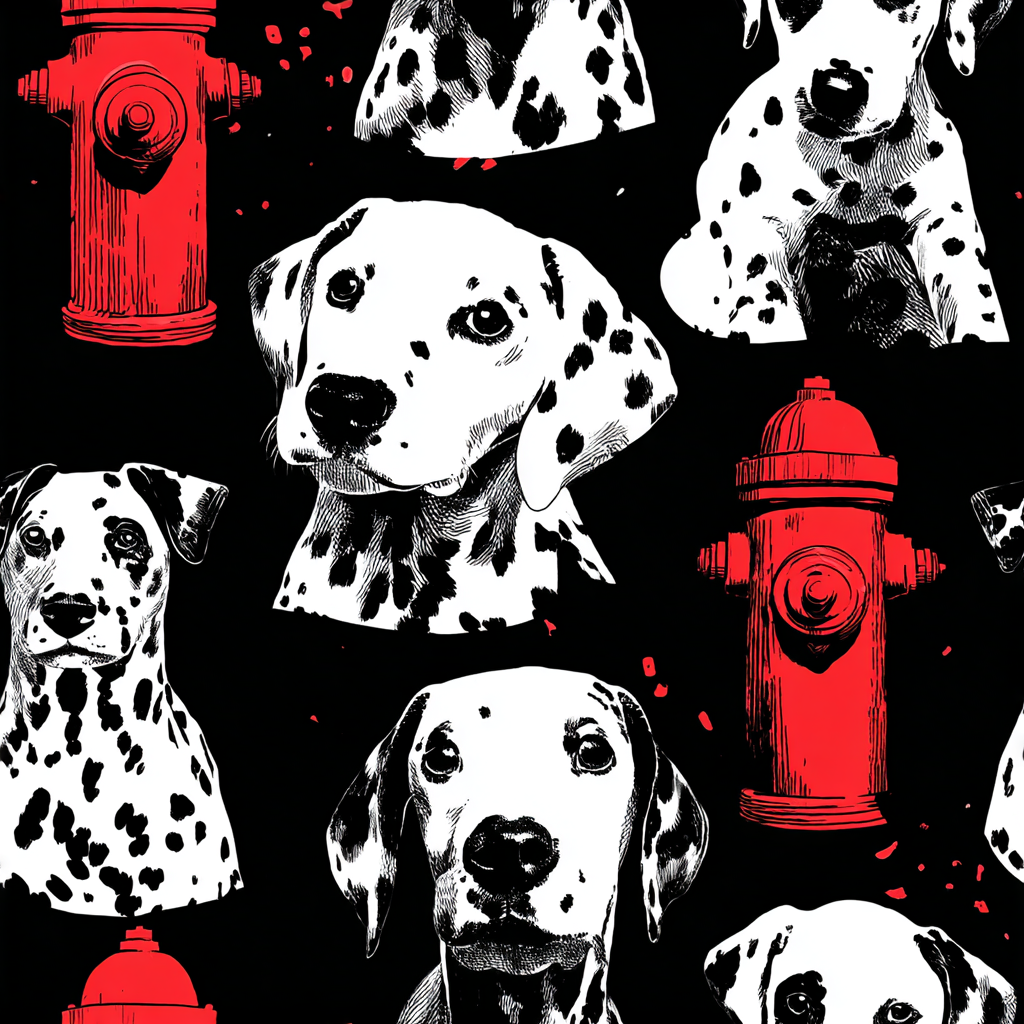 Patterned Metro Muse Wallpaper with dalmatian and fire hydrant design on black.