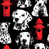 Patterned Metro Muse Wallpaper with dalmatian and fire hydrant design on black.