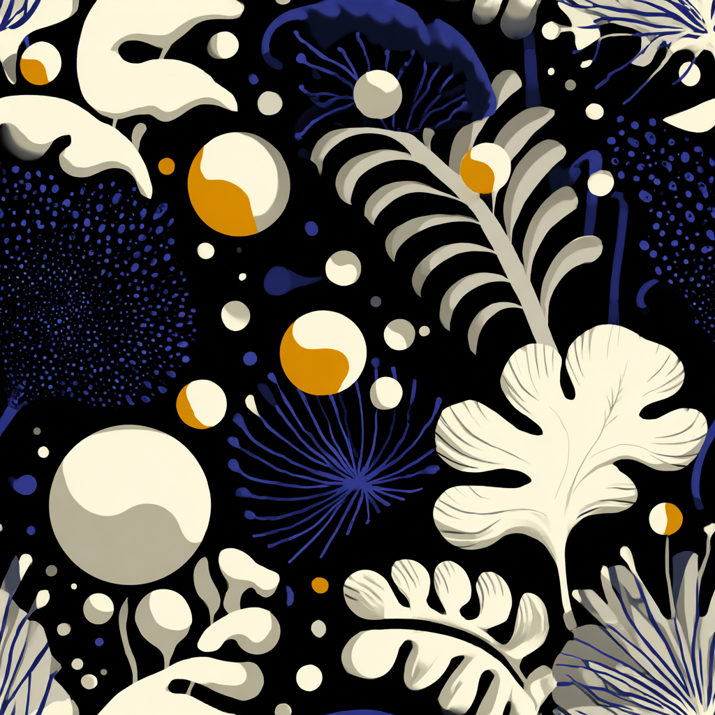 Abstract lunar coraline wallpaper with beige flora and blue dots, plus small white and orange circles.