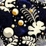 Abstract lunar coraline wallpaper with beige flora and blue dots, plus small white and orange circles.