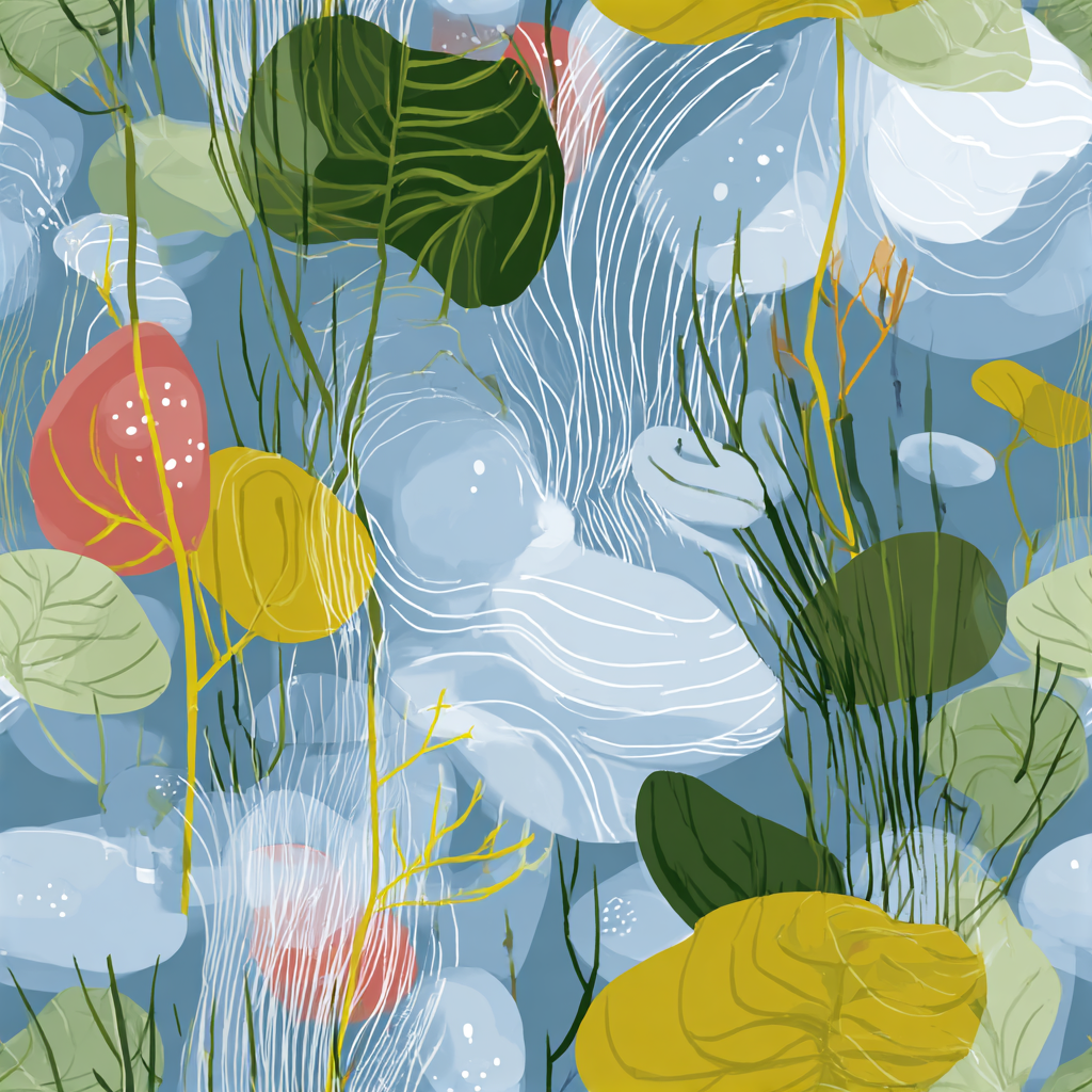 Botanical Tidewaltz Wallpaper with foliage and abstract white line detailing.
