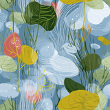 Botanical Tidewaltz Wallpaper with foliage and abstract white line detailing.
