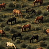 Last Light Graze Wallpaper with horses grazing in a field pattern.
