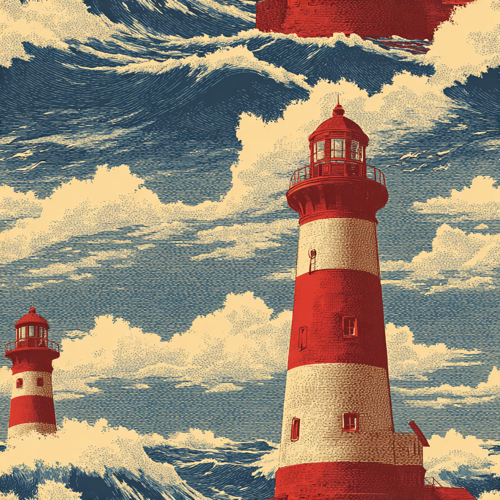 Nautical wallpaper with lighthouses, against a textured blue and cream cloudscape.