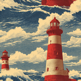 Nautical wallpaper with lighthouses, against a textured blue and cream cloudscape.