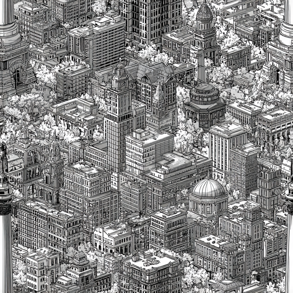 Capitol Square Cluster wallpaper with a monochrome city scene pattern, full of buildings and trees.