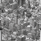 Capitol Square Cluster wallpaper with a monochrome city scene pattern, full of buildings and trees.